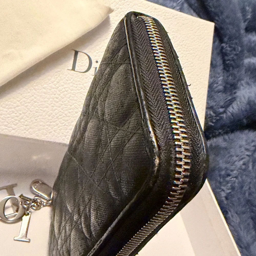 Dior Black Quilted Leather Zippy Wallet with Silver Charm